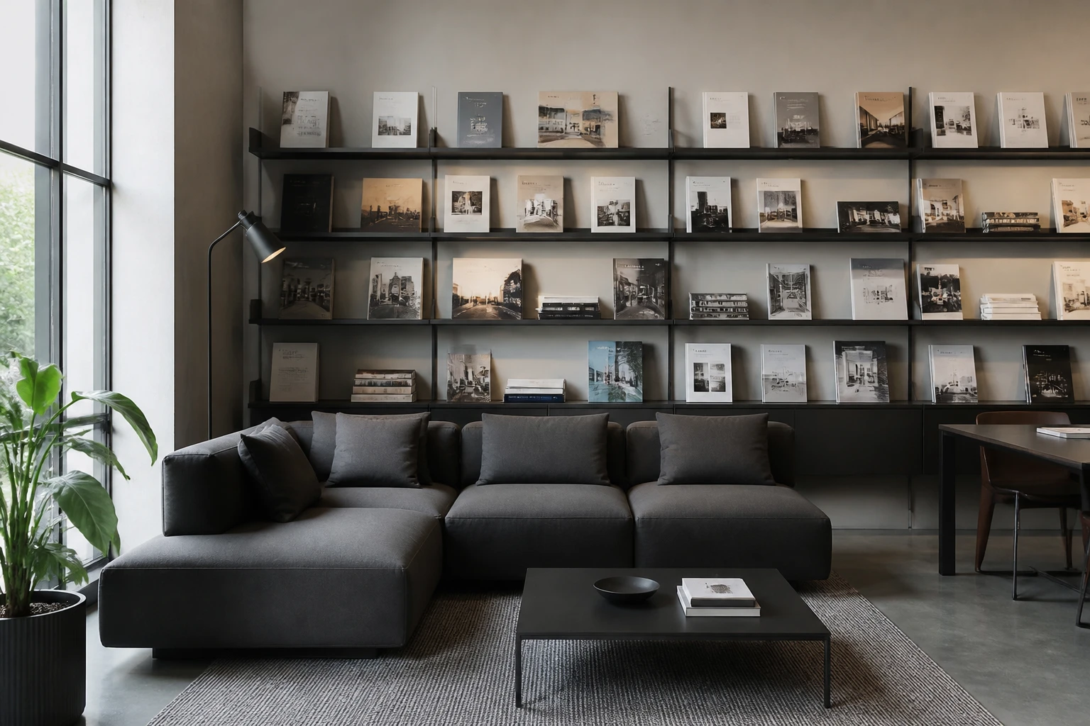 Зона ожидания дизайн-студии со стеллажом печатных портфолио и проектных альбомов