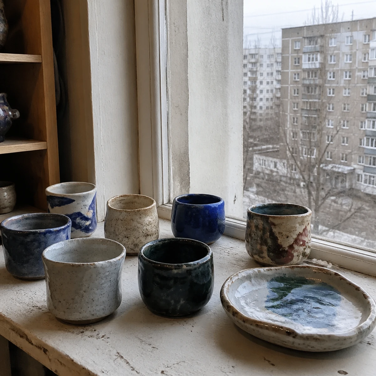 Кривые глиняные чашки на подоконнике